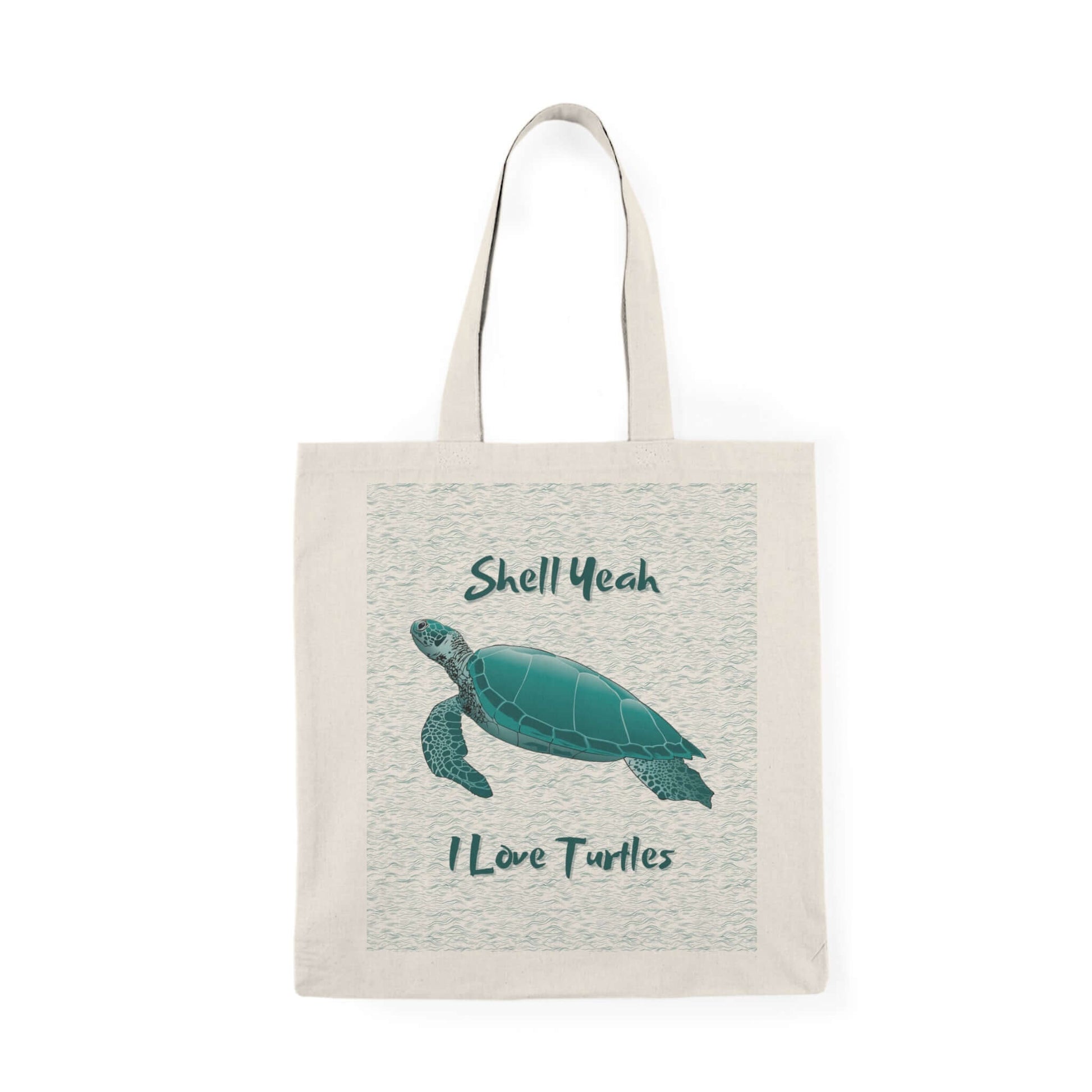Eco-friendly tote bag featuring turtle design and "Shell Yeah, I Love Turtles" text, perfect for beach outings.