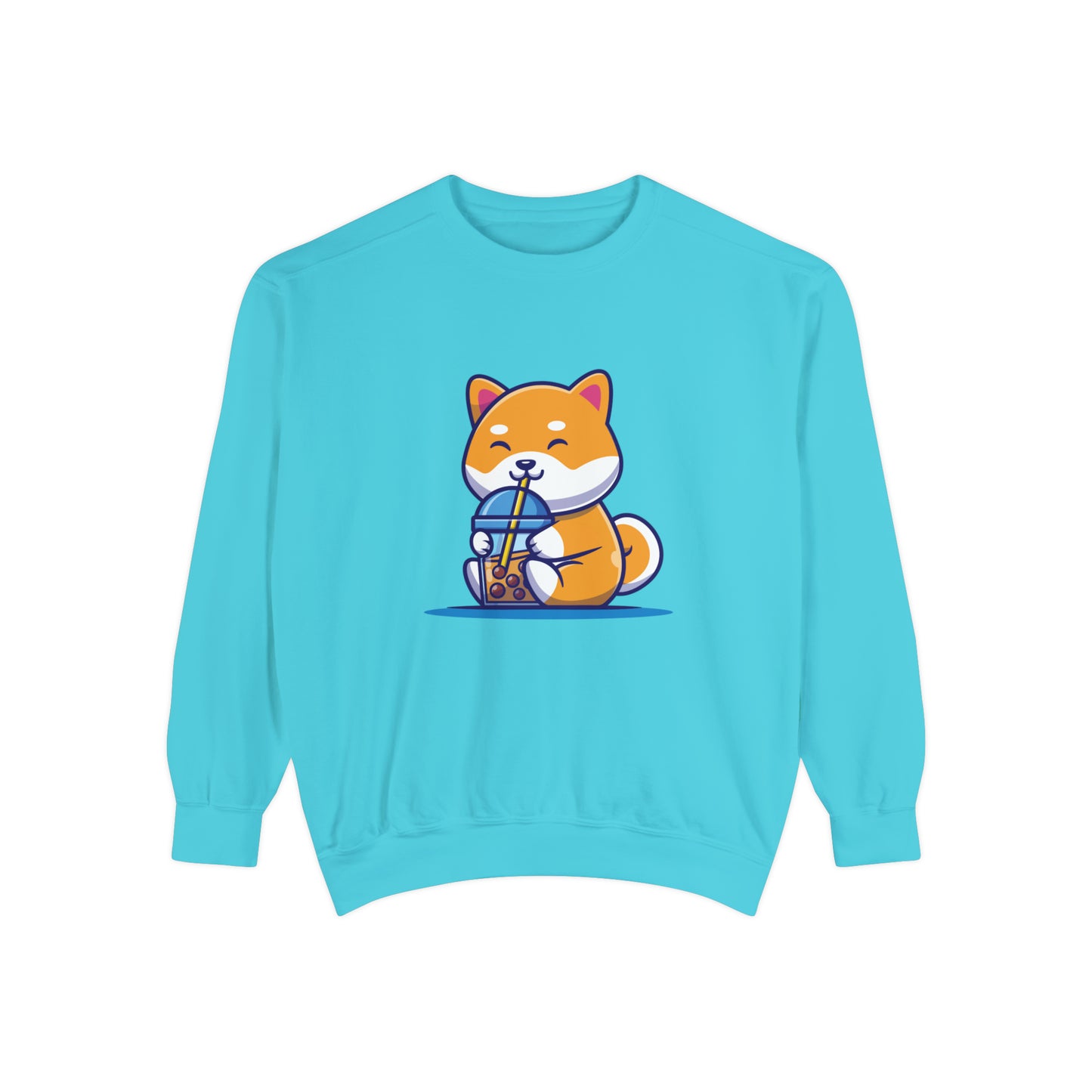 Cute Shiba Inu Drinking Boba Unisex Garment-Dyed Sweatshirt (2XL/3XL)