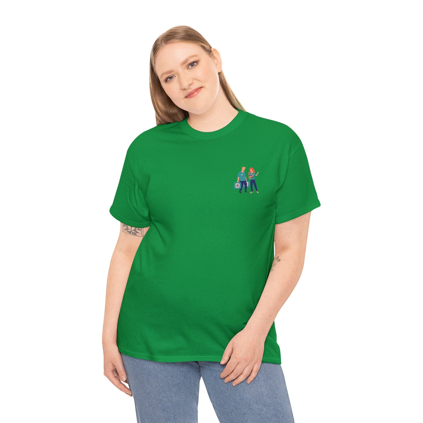 White woman with blonde hair wearing a green t-shirt with a chest pocket image of two animal shelter workers. 