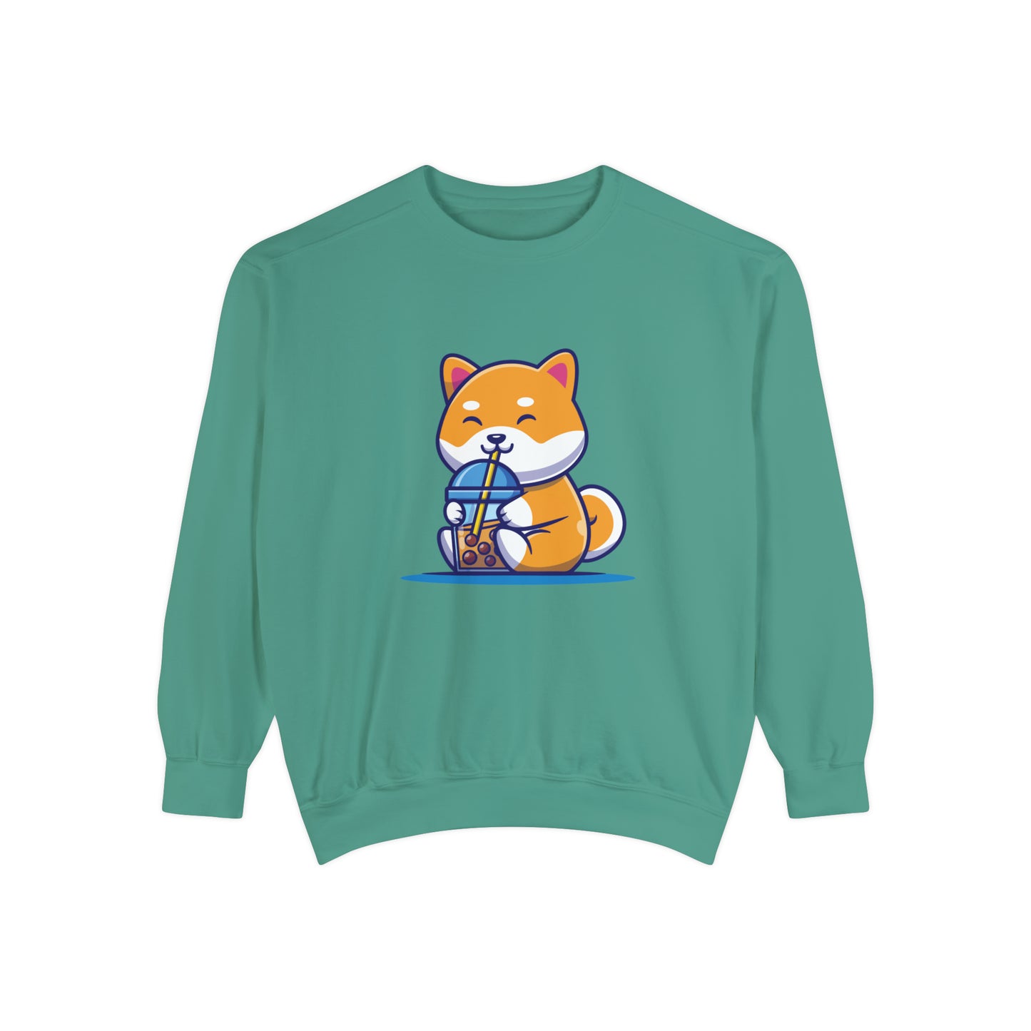 Cute Shiba Inu Drinking Boba Unisex Garment-Dyed Sweatshirt (S-XL)