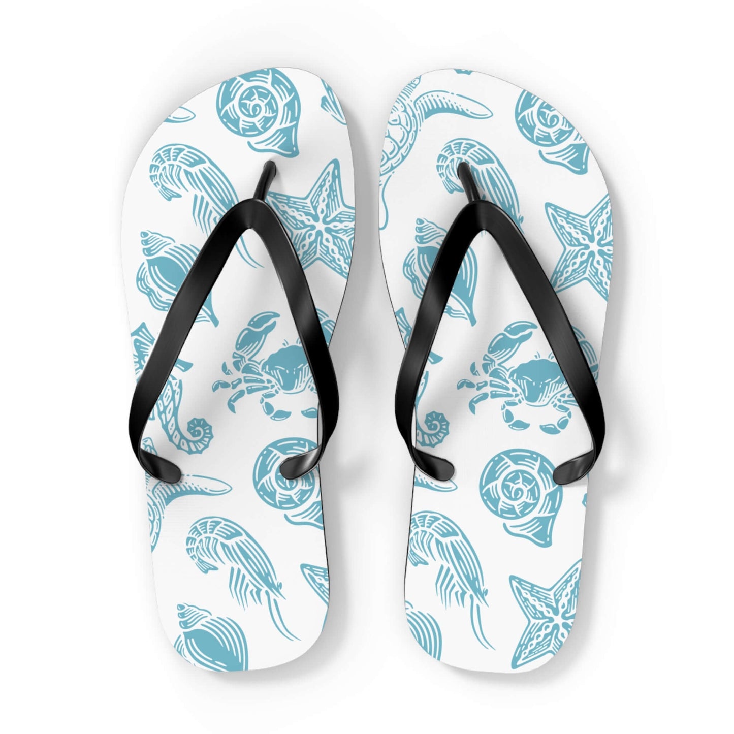 Turtle Beachy Flip Flops with nautical ocean shell print, perfect for summer beach vibes and casual outings.