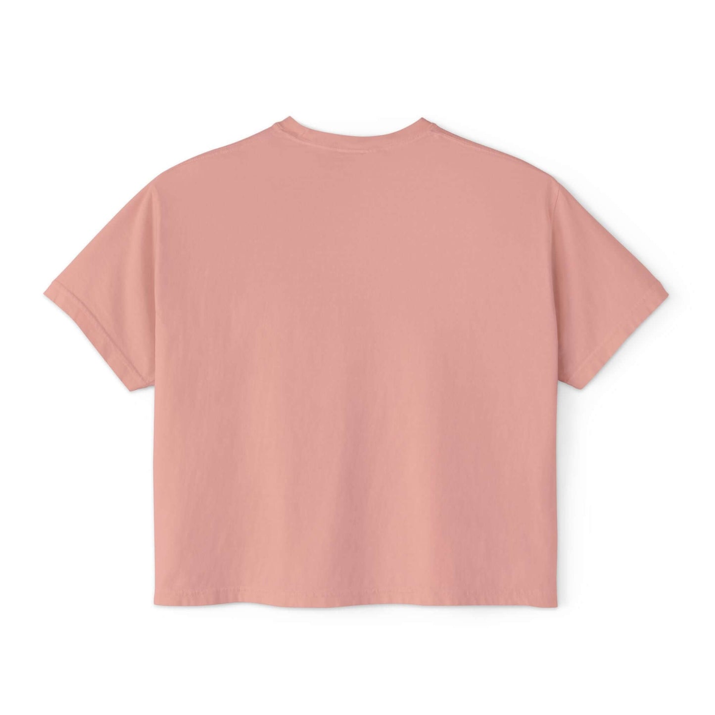 Back view of the Playful Pug Donut Women’s Boxy Tee in soft pink, perfect for casual summer wear.