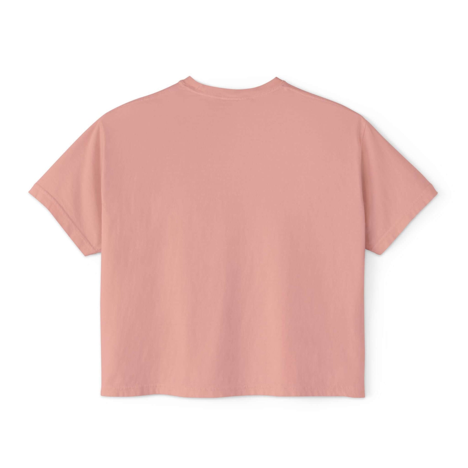 Back view of the Playful Pug Donut Women’s Boxy Tee in soft pink, perfect for casual summer wear.