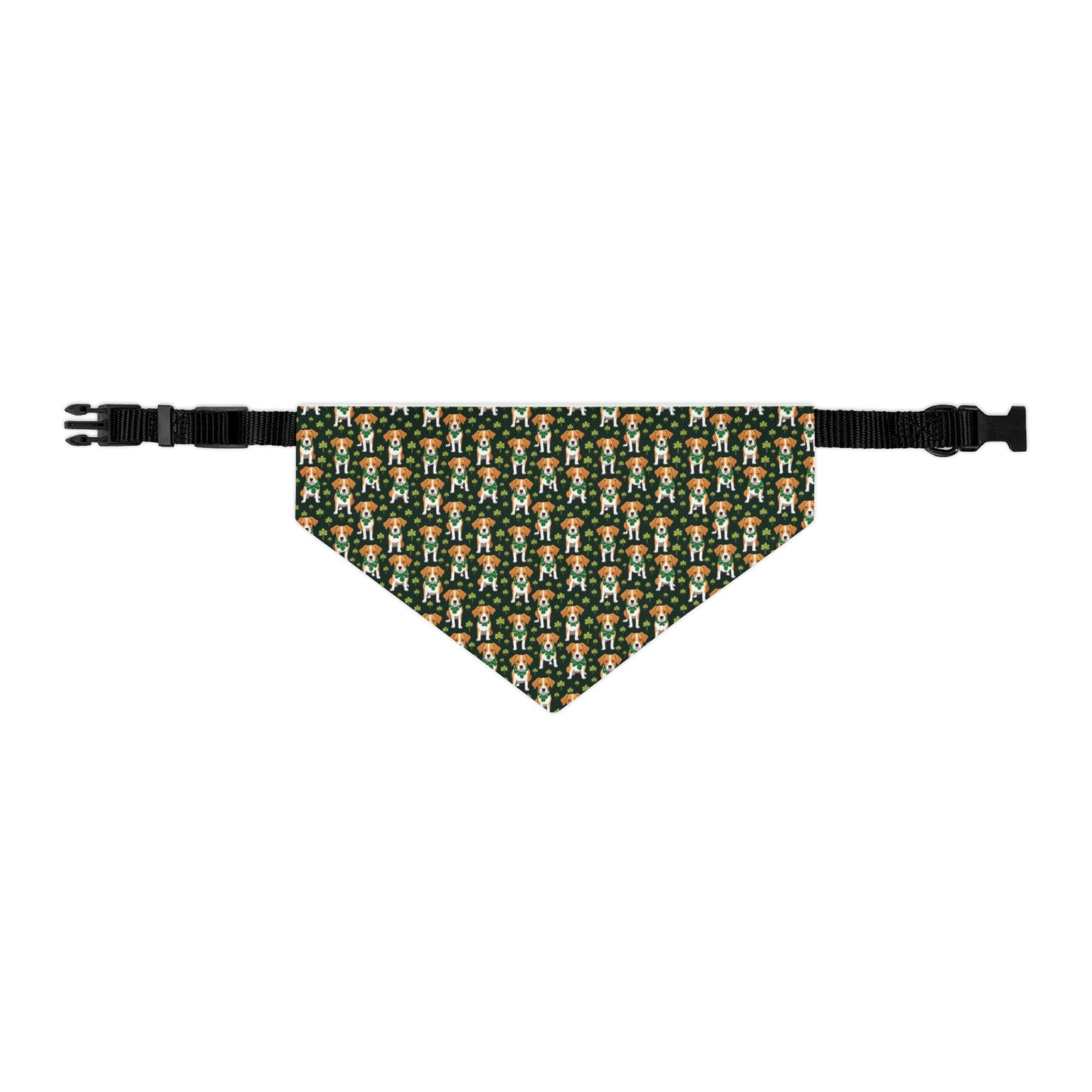 Medium pet bandana collar on white background. Pattern is AI Generated and a dark green background with beagle type dogs and clovers on it.