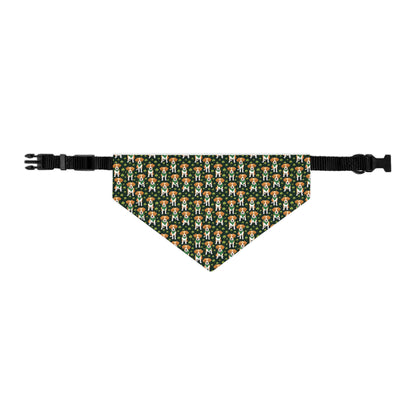 Medium pet bandana collar on white background. Pattern is AI Generated and a dark green background with beagle type dogs and clovers on it.
