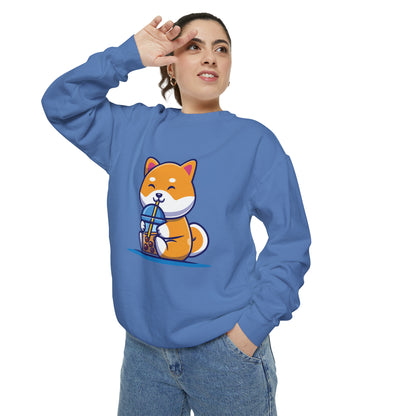 Cute Shiba Inu Drinking Boba Unisex Garment-Dyed Sweatshirt (S-XL)