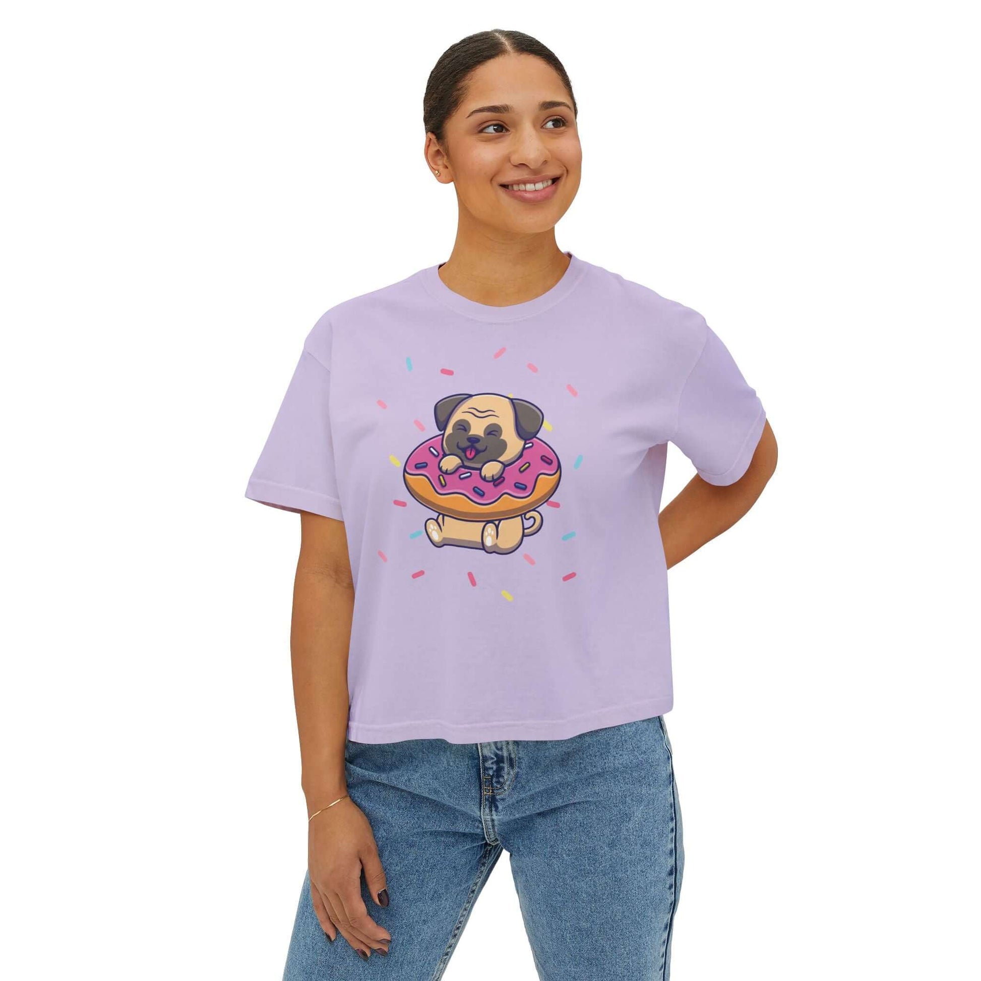 Playful pug graphic tee shirt with donut and sprinkles, perfect for summer fun and dog lovers.