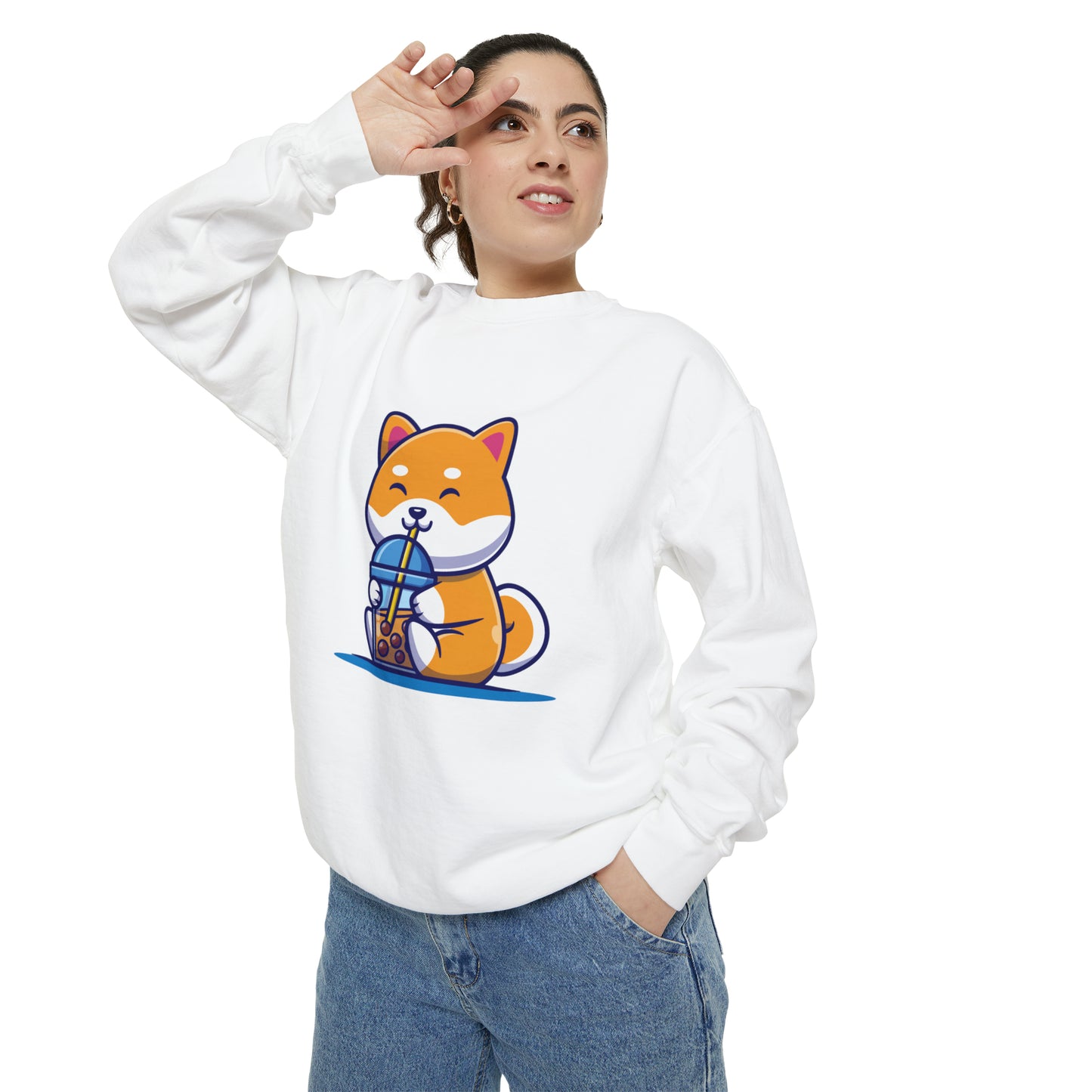 Cute Shiba Inu Drinking Boba Unisex Garment-Dyed Sweatshirt (S-XL)