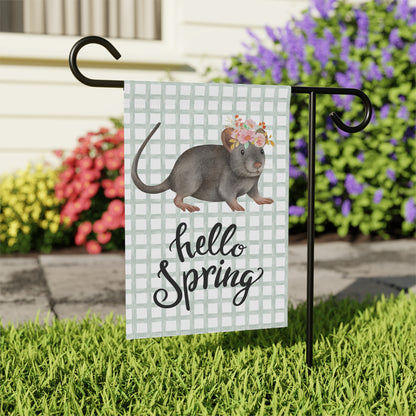 Hello Spring Rat with Flowers Garden Flag