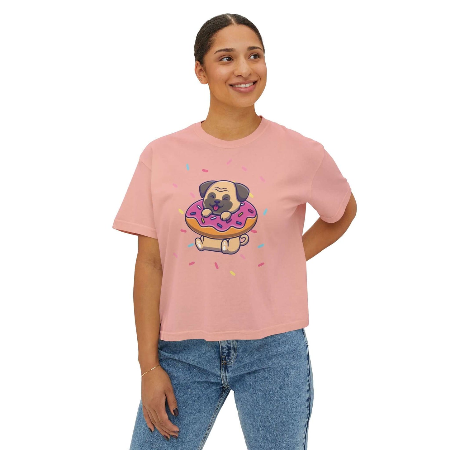Women’s boxy tee with playful pug donut graphic and colorful sprinkles, perfect for dog lovers and summer days.