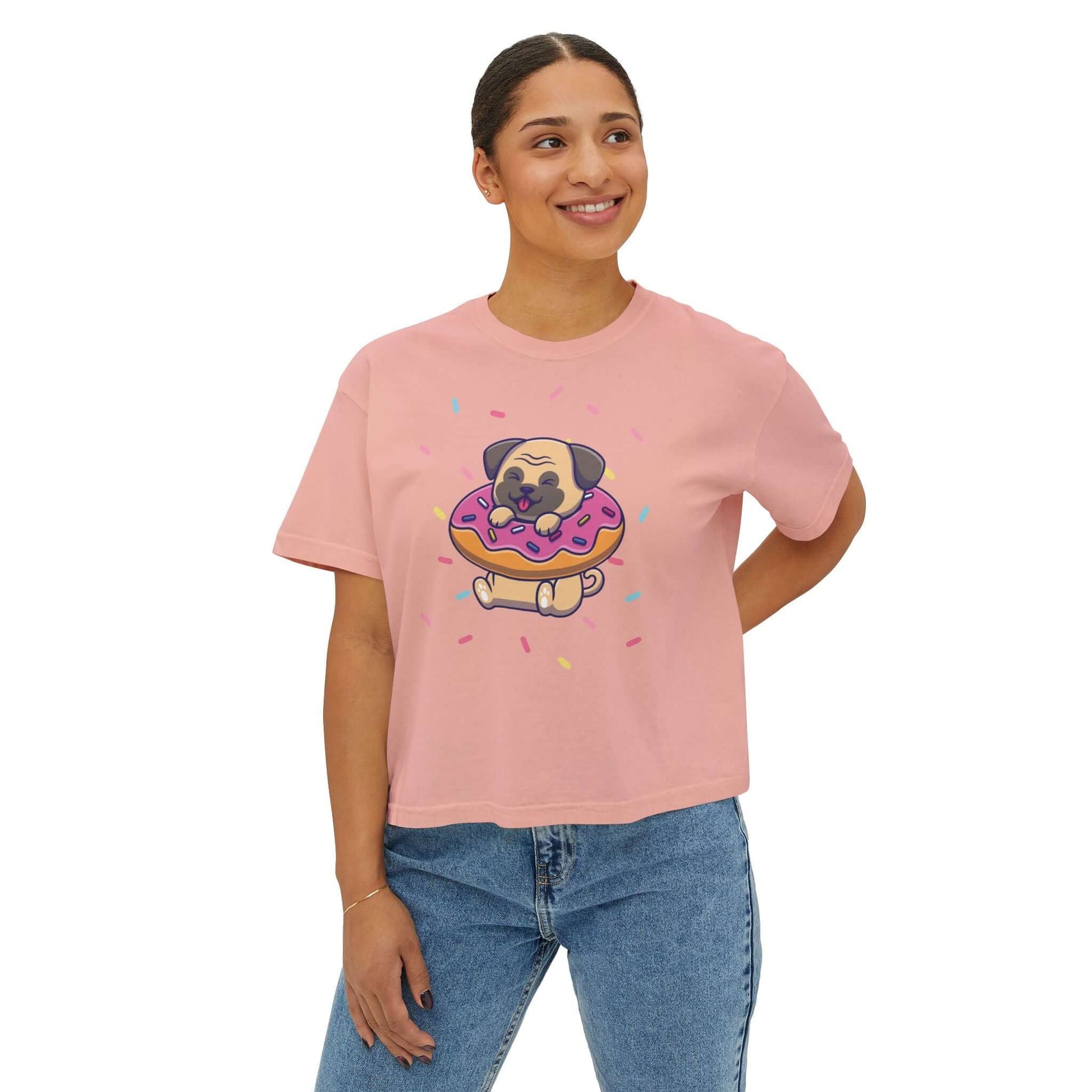 Women’s boxy tee with playful pug donut graphic and colorful sprinkles, perfect for dog lovers and summer days.