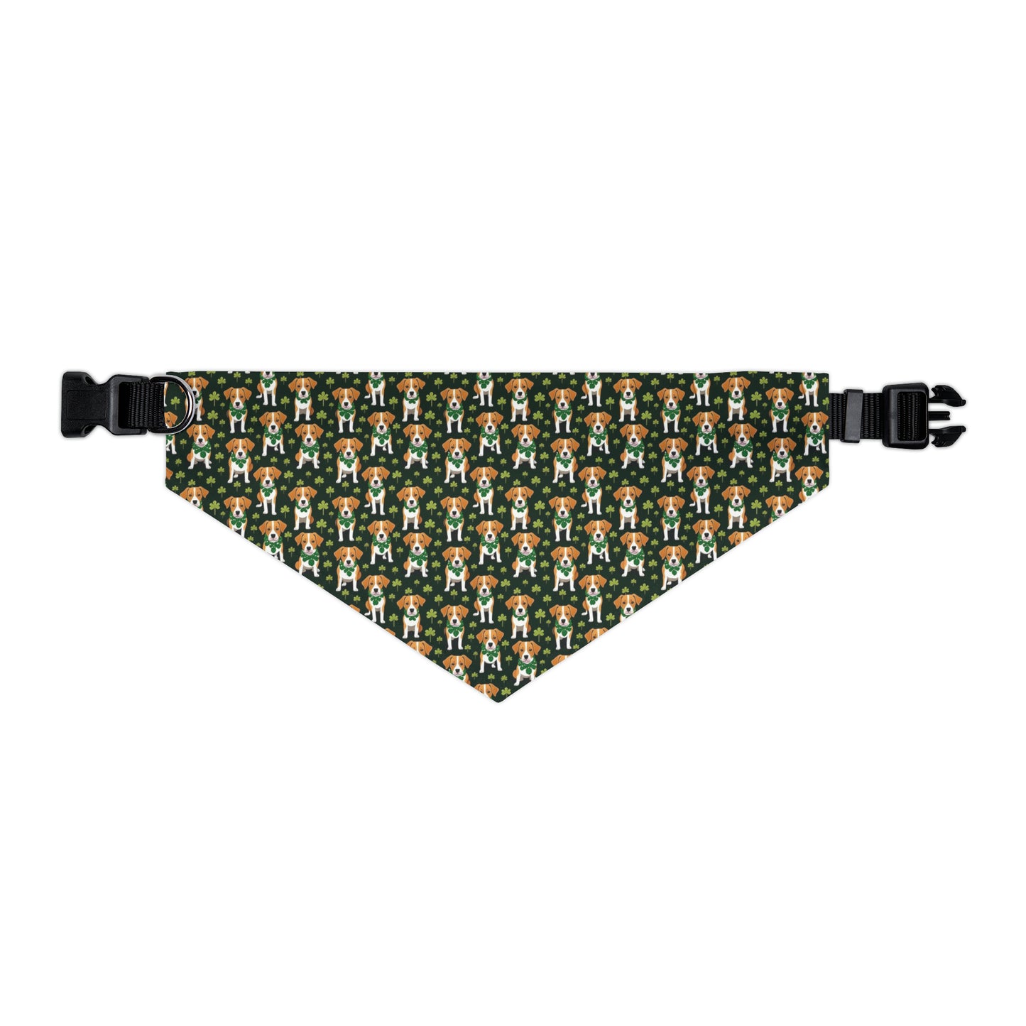 X-Large pet bandana collar on white background. Pattern is AI Generated and a dark green background with beagle type dogs and clovers on it.
