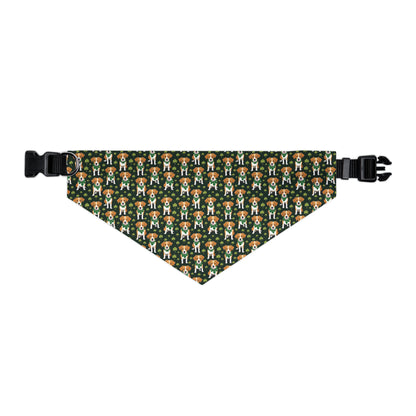 X-Large pet bandana collar on white background. Pattern is AI Generated and a dark green background with beagle type dogs and clovers on it.