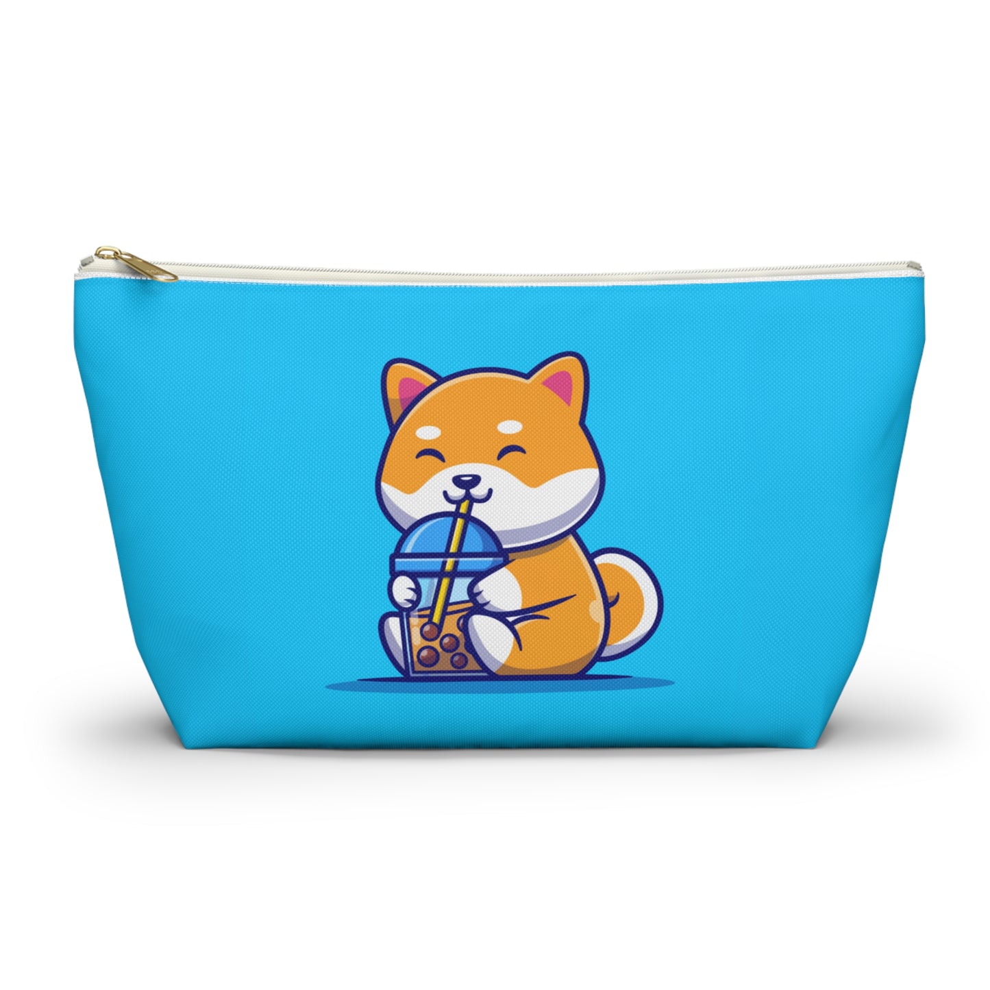 Turquoise pouch with cute shiba inu drinking Boba design, white zipper