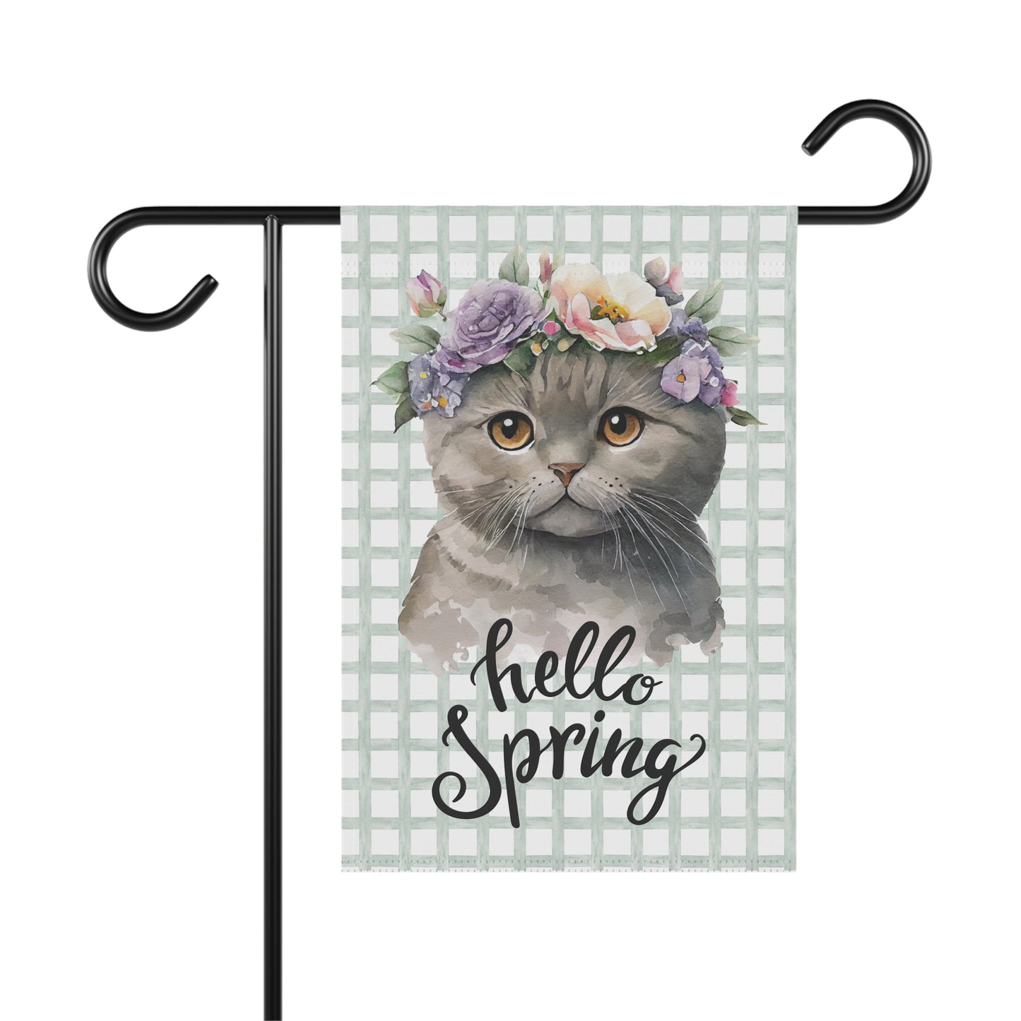 Hello Spring Cat with Flowers Garden Flag