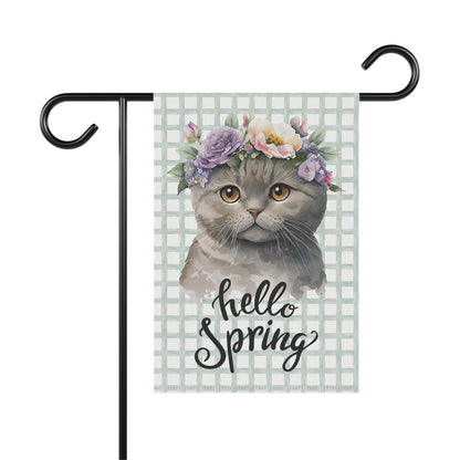 Hello Spring Cat with Flowers Garden Flag