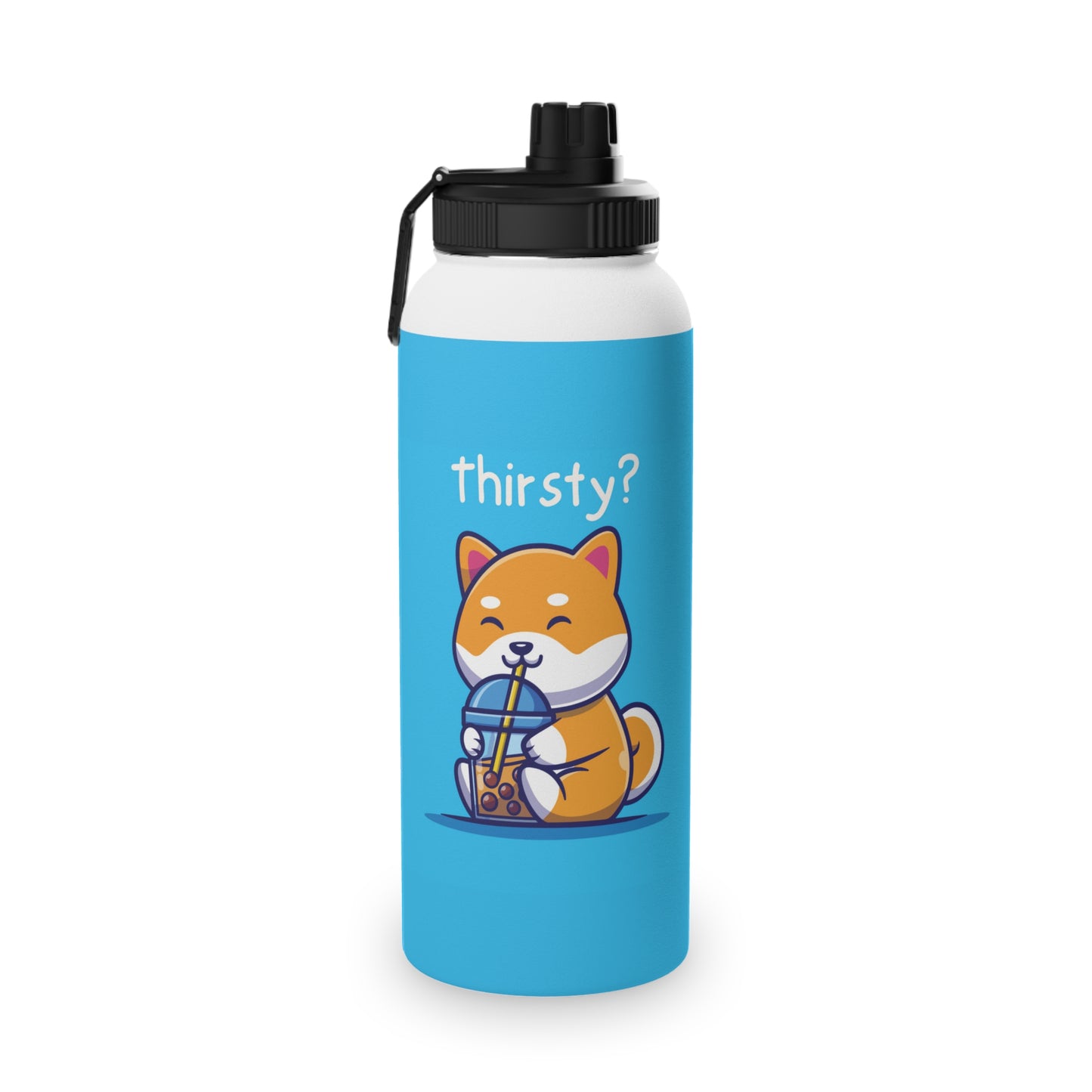 Cute Shiba Inu Drinking Boba Stainless Steel Water Bottle W/ Sports Lid (12 oz, 18 oz, 32 oz)