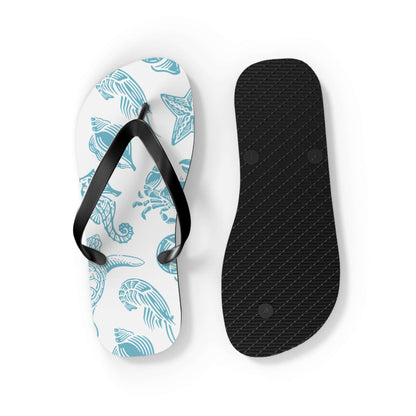 Turtle Beachy Flip Flops with nautical ocean shell print in blue, perfect for summer beach outings.