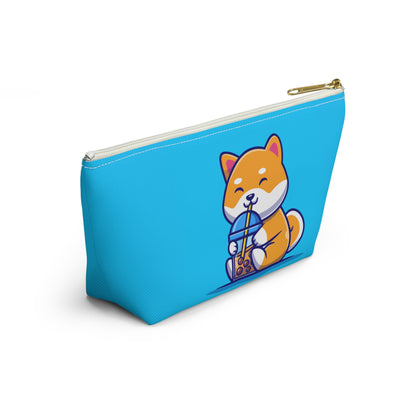 Additional side view of Turquoise pouch with cute shiba inu drinking Boba design, white zipper