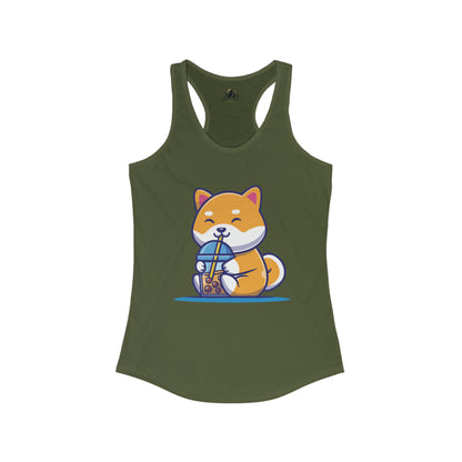 Cute Shiba Inu Drinking Boba Racerback Tank (S - 2XL) (15 Colors)