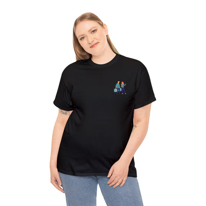 White woman with blonde hair wearing a black t-shirt with a chest pocket image of two animal shelter workers. 