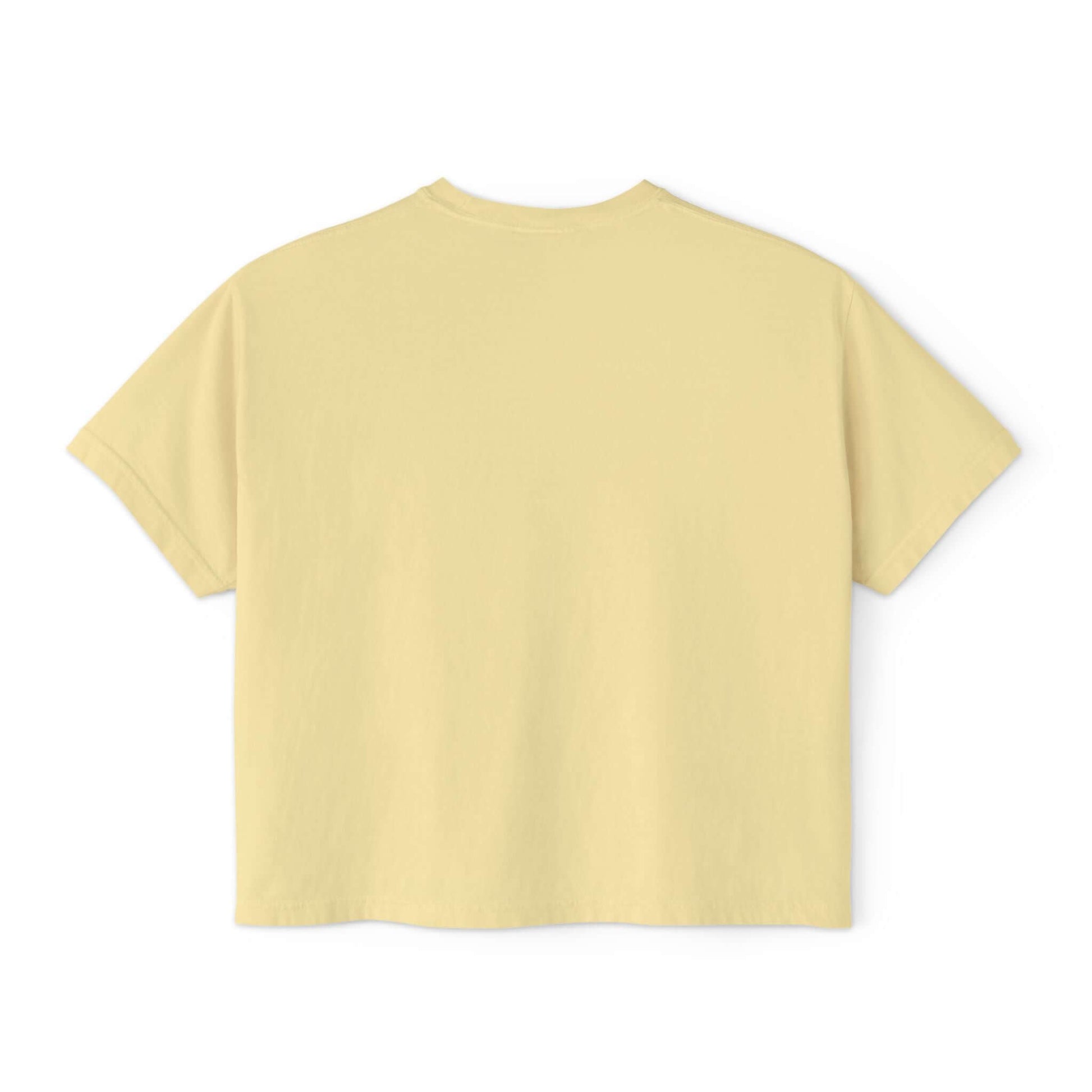 Back view of a yellow boxy tee shirt, perfect for summer, made from 100% ring-spun cotton for comfort.