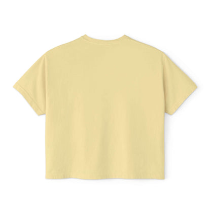 Back view of a yellow boxy tee shirt, perfect for summer, made from 100% ring-spun cotton for comfort.