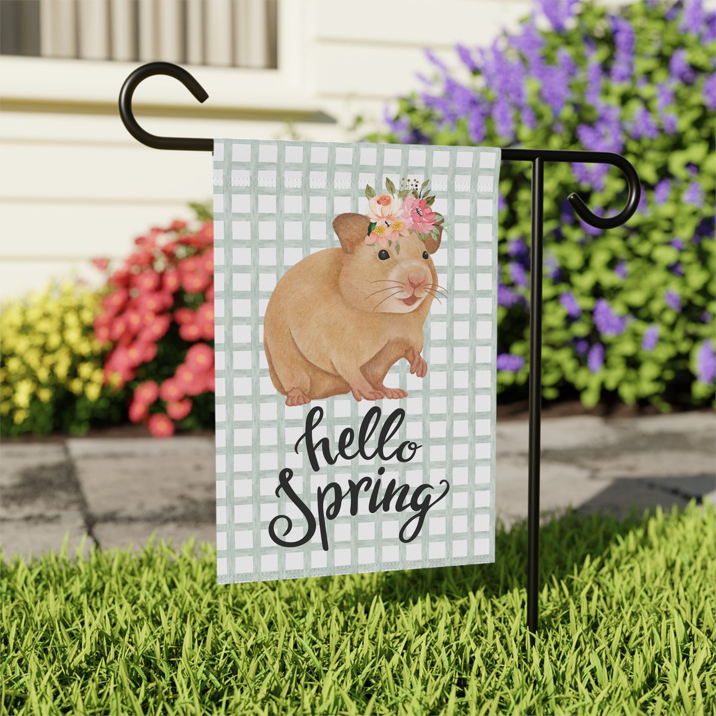 Hello Spring Hamster with Flowers Garden Flag