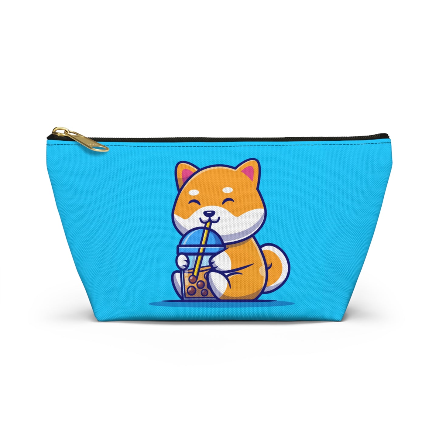 Turquoise pouch with cute shiba inu drinking Boba design, black zipper, SMALL BAG