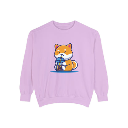 Cute Shiba Inu Drinking Boba Unisex Garment-Dyed Sweatshirt (S-XL)