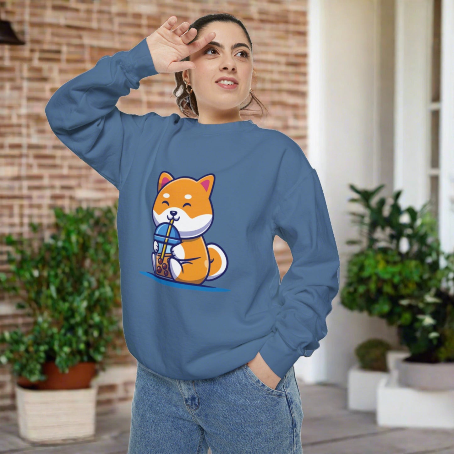 Cute Shiba Inu Drinking Boba Unisex Garment-Dyed Sweatshirt (2XL/3XL)