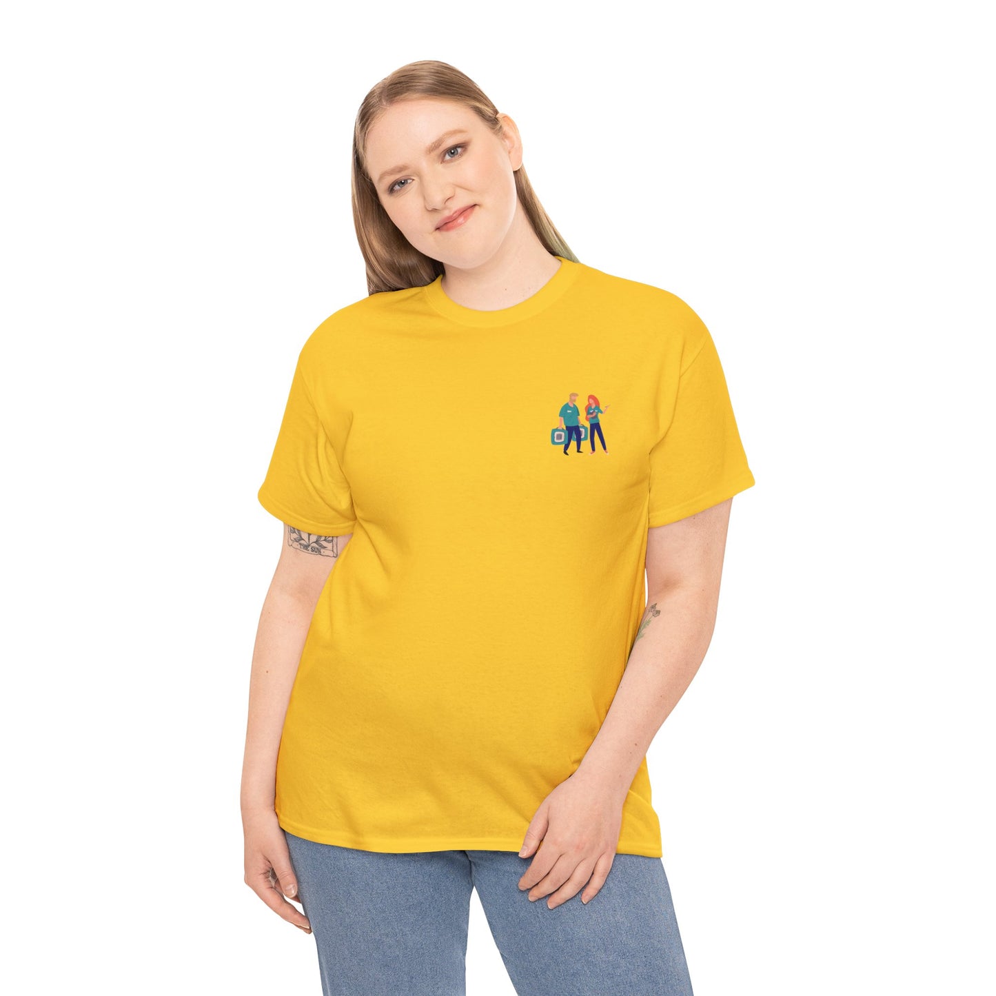 White woman with blonde hair wearing a yellow t-shirt with a chest pocket image of two animal shelter workers. 