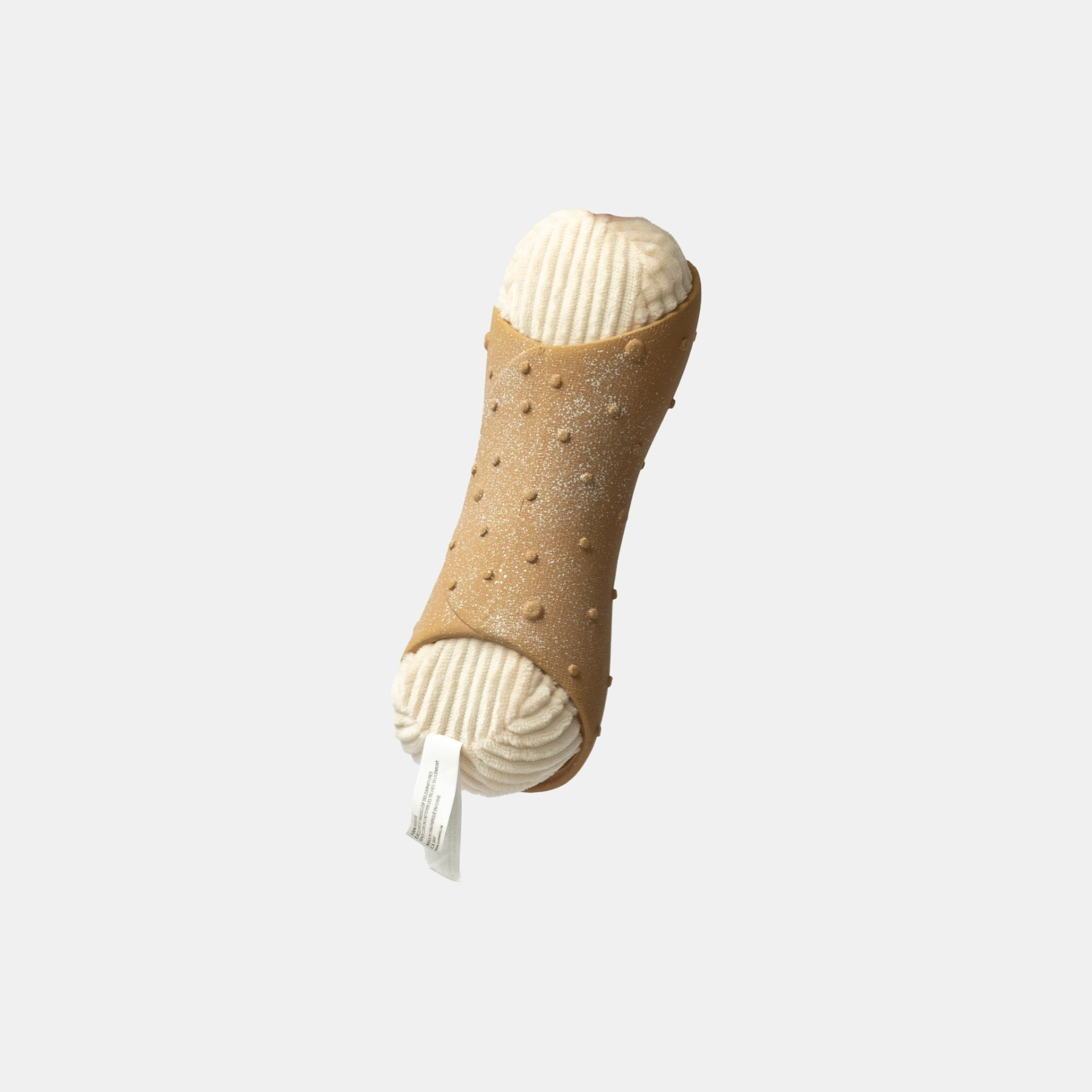  cannoli shaped dog toy with rubber outside and soft plush inside piece