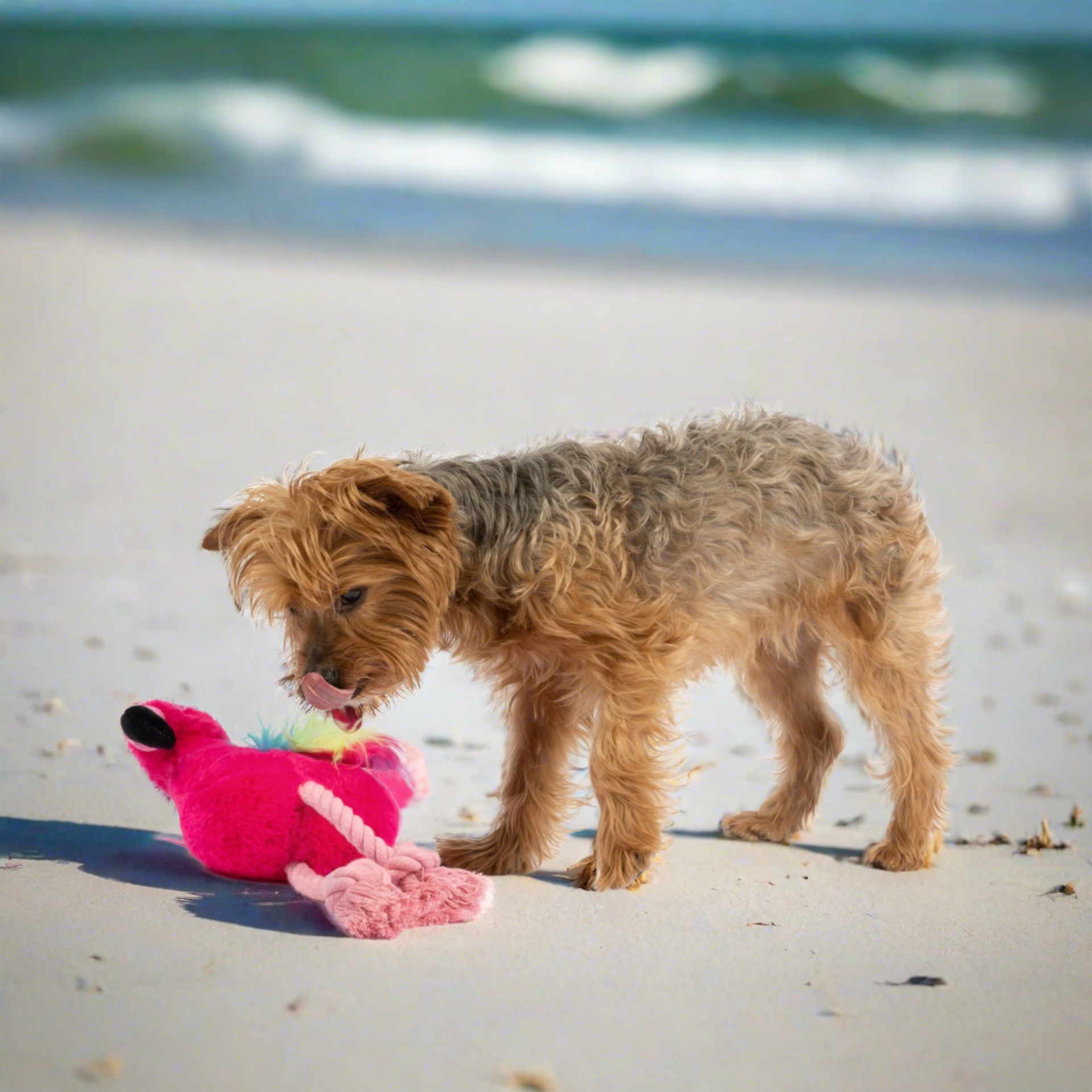 Yorkshire Terrier Dog looking at plush flamingo dog toy