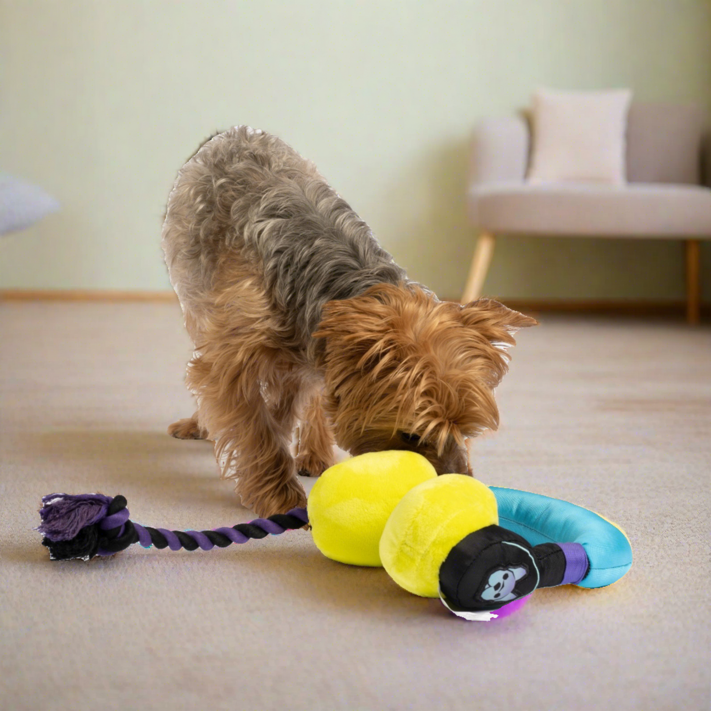 Yorkshire Terrier smelling headphone dog toy with rope attached