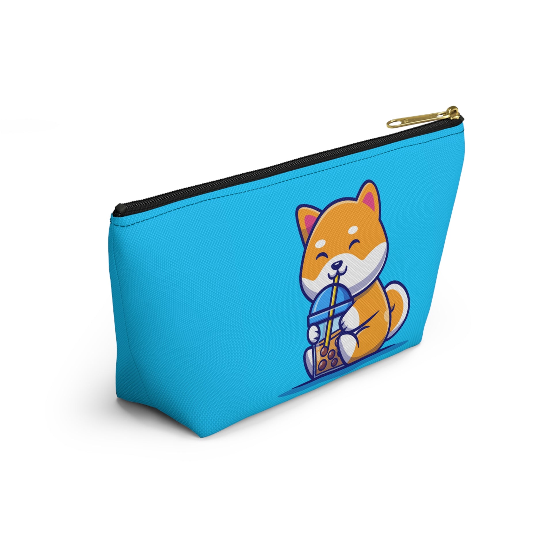 Additional side view of Turquoise pouch with cute shiba inu drinking Boba design, black zipper