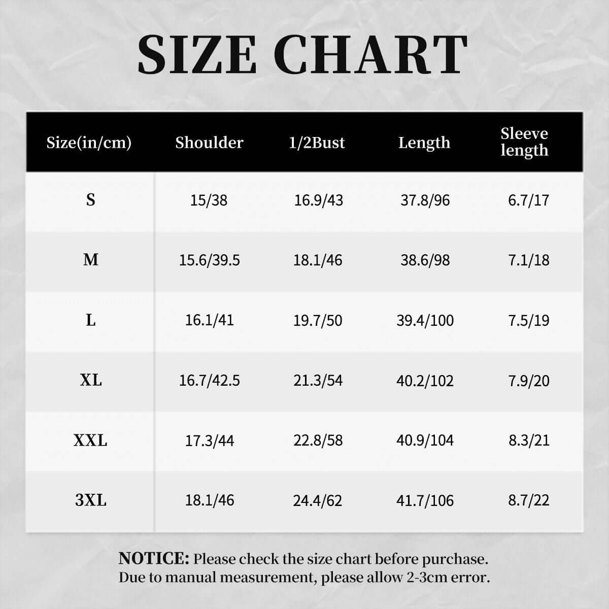 Size chart for women’s t-shirt dress displaying measurements for sizes S to 3XL in inches and centimeters.