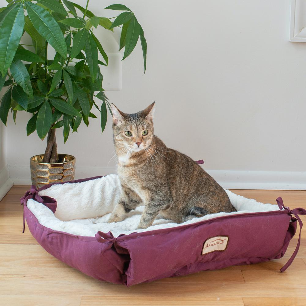 Grey tabby cat sitting on plush burgundy cat bed with a plant in a pot behind them