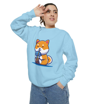 Cute Shiba Inu Drinking Boba Unisex Garment-Dyed Sweatshirt (S-XL)