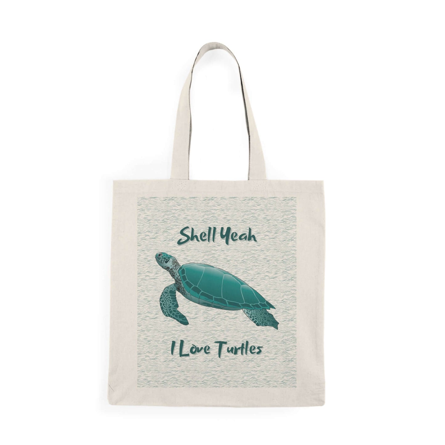 Eco-friendly tote bag with turtle design and "Shell Yeah, I Love Turtles" phrase, perfect for beach outings.