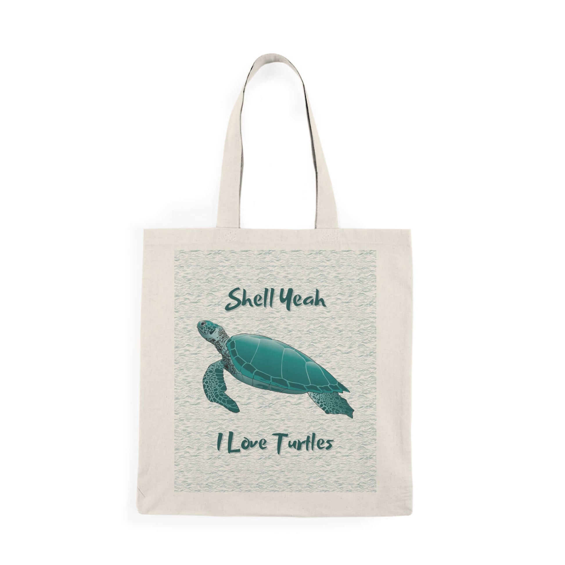 Eco-friendly tote bag with turtle design and "Shell Yeah, I Love Turtles" phrase, perfect for beach outings.