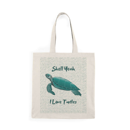 Eco-friendly tote bag with turtle design and "Shell Yeah, I Love Turtles" phrase, perfect for beach outings.