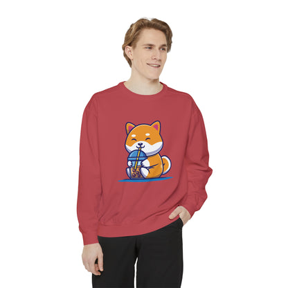 Cute Shiba Inu Drinking Boba Unisex Garment-Dyed Sweatshirt (S-XL)