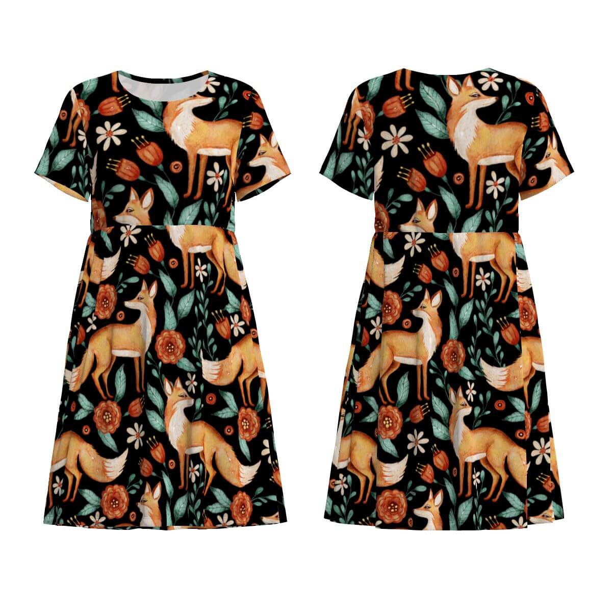 Black women's t-shirt dress featuring floral and red fox pattern, embodying a witchy vibe with woodland elements.