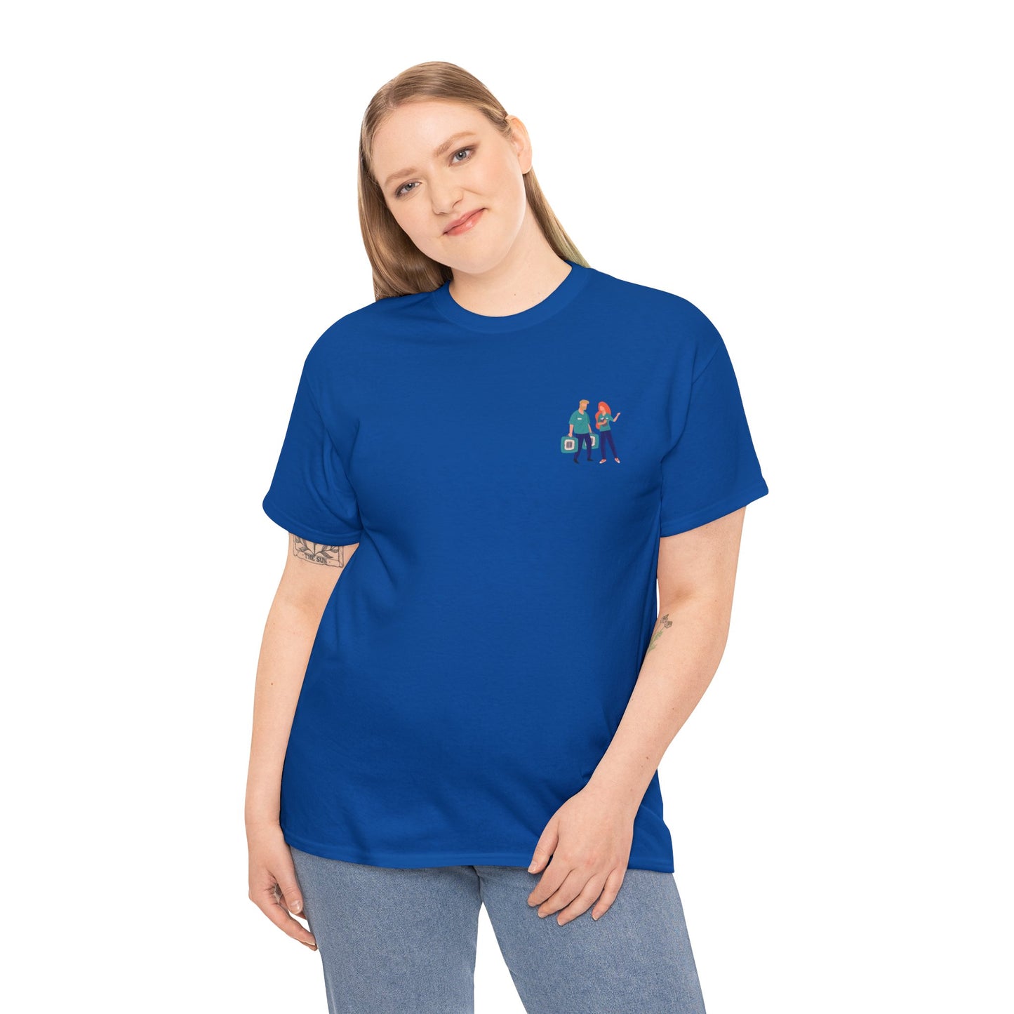 White woman with blonde hair wearing a blue t-shirt with a chest pocket image of two animal shelter workers. 