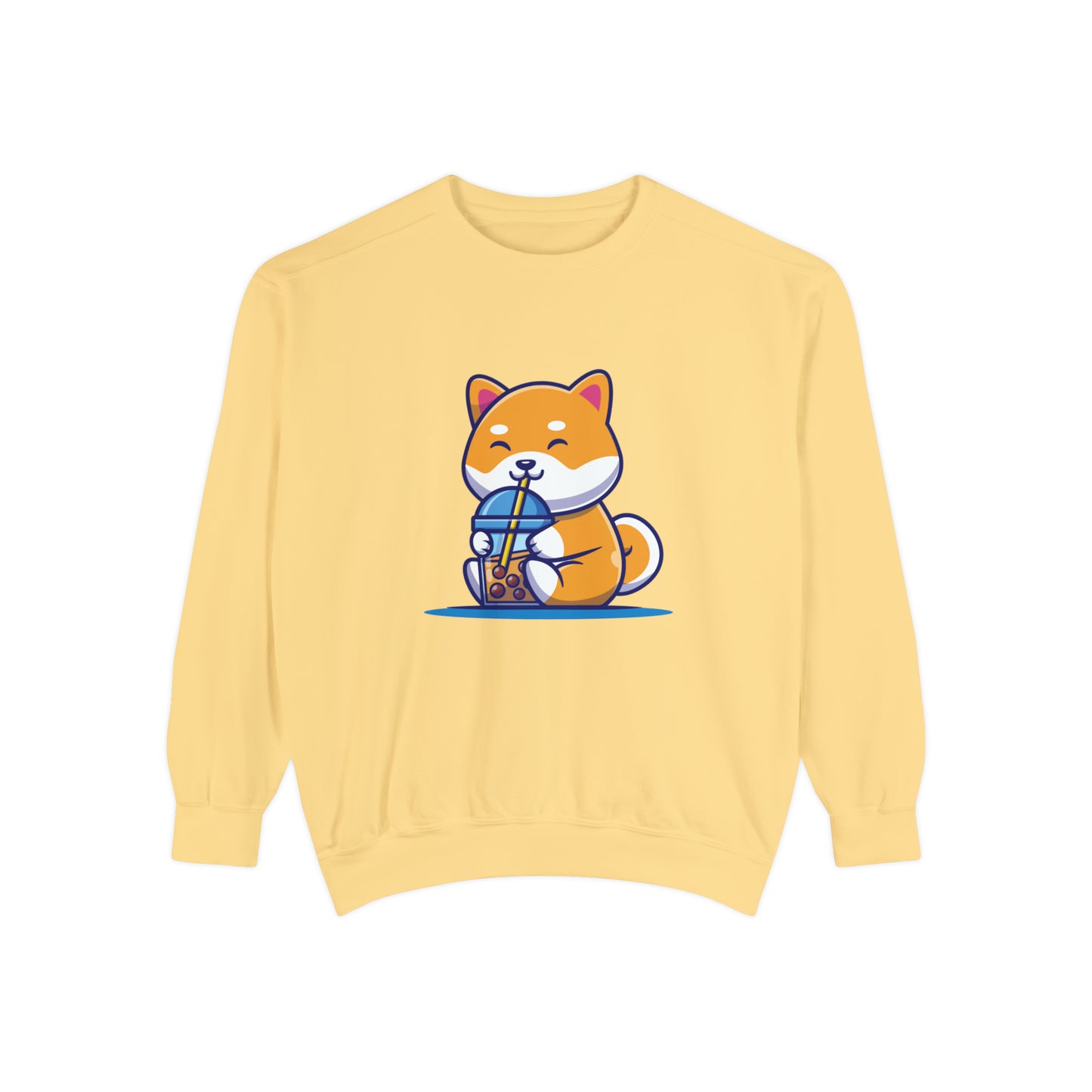 Cute Shiba Inu Drinking Boba Unisex Garment-Dyed Sweatshirt (S-XL)