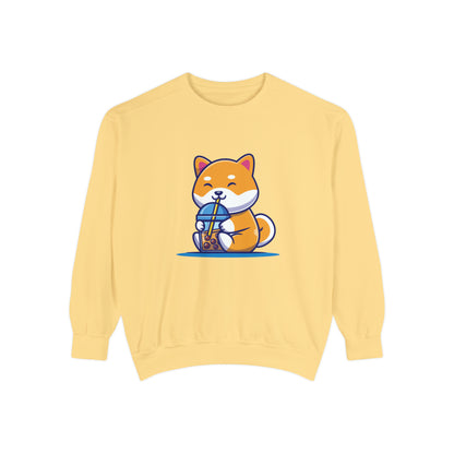 Cute Shiba Inu Drinking Boba Unisex Garment-Dyed Sweatshirt (S-XL)