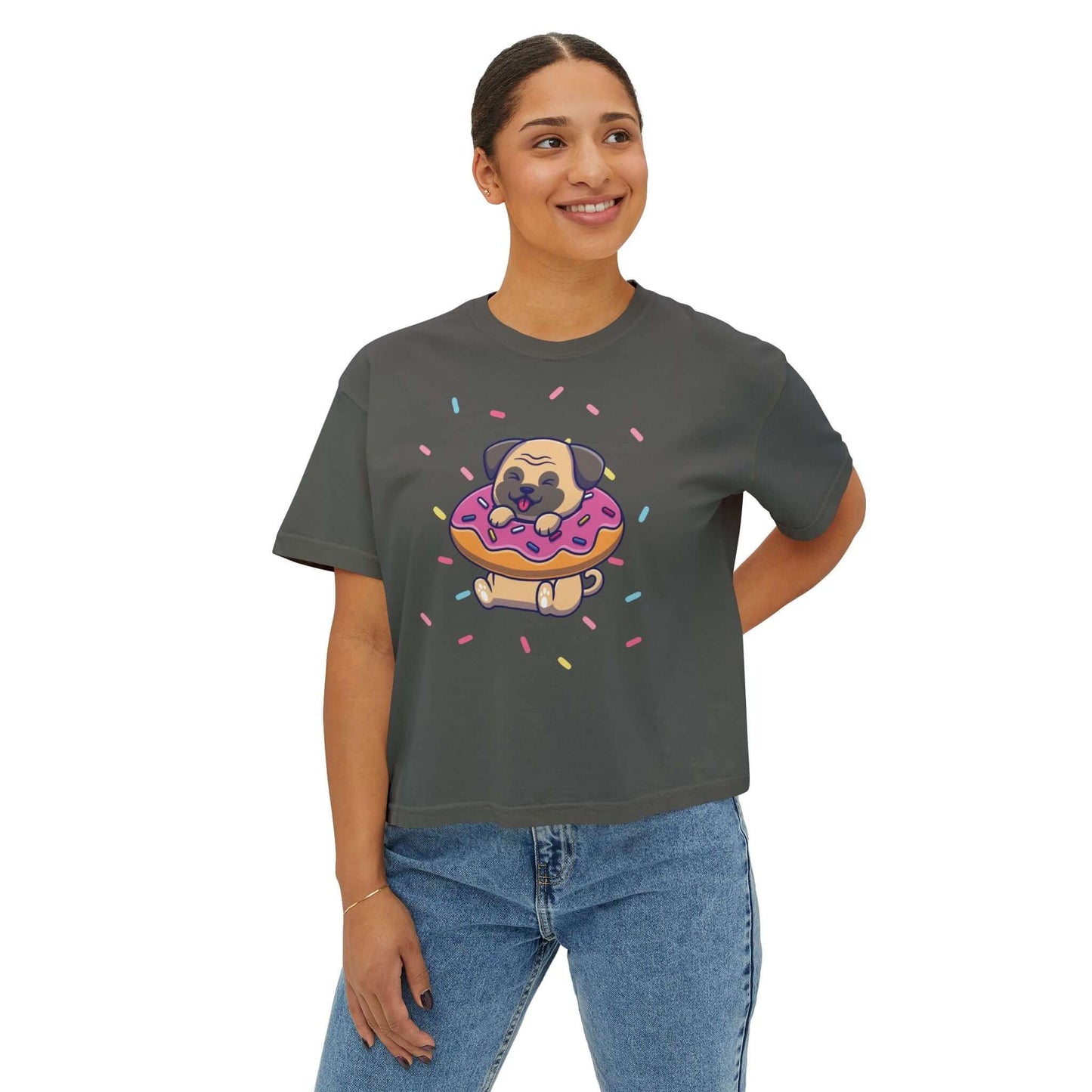 Playful pug graphic boxy tee shirt with donut and sprinkles, perfect for dog lovers and casual summer days.