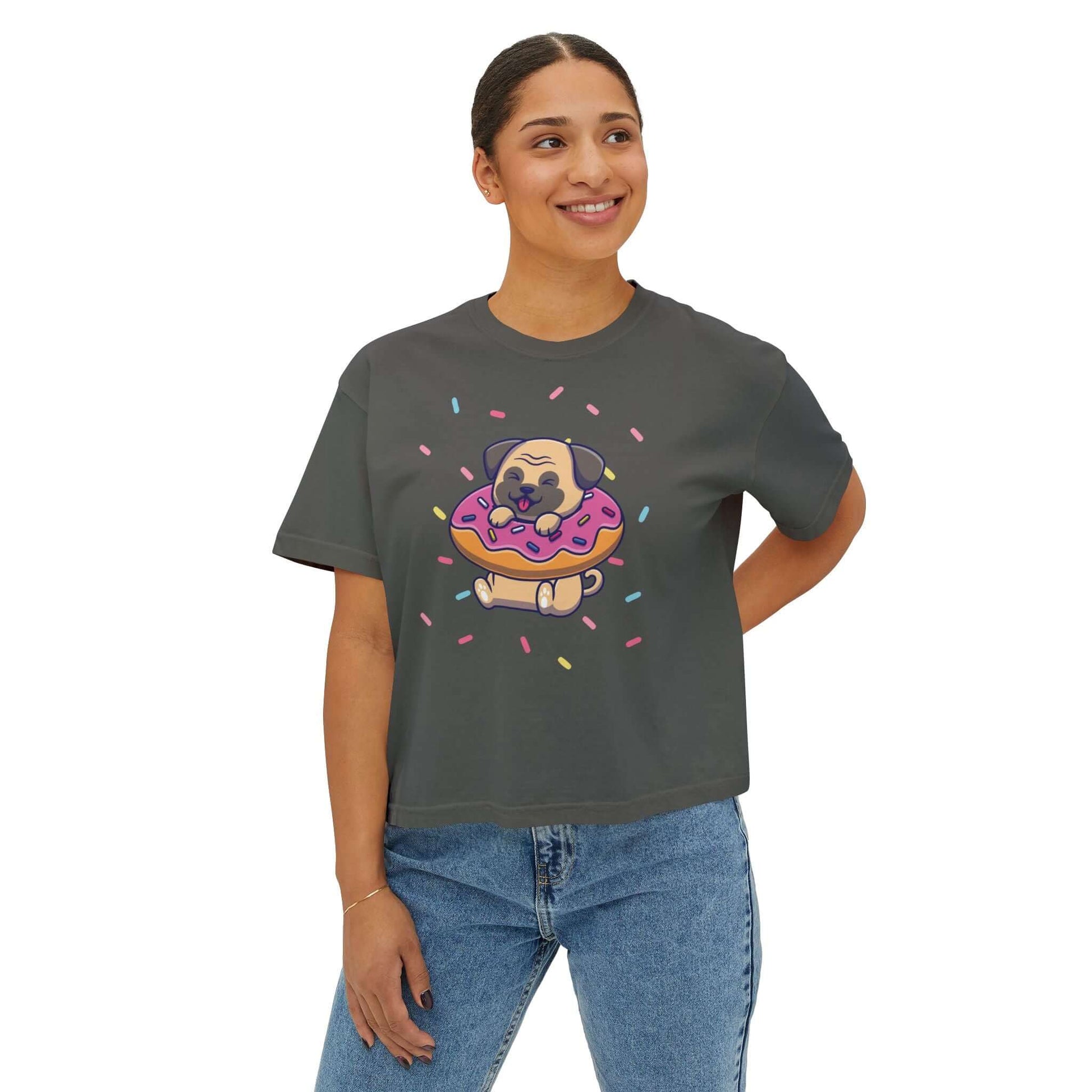 Playful pug graphic boxy tee shirt with donut and sprinkles, perfect for dog lovers and casual summer days.