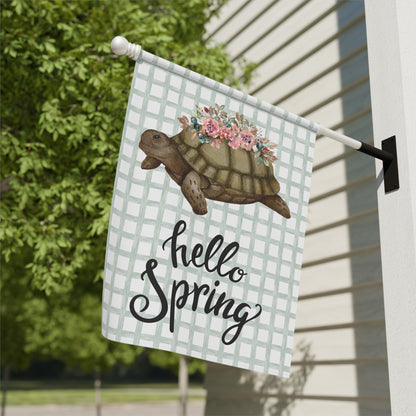 Hello Spring Turtle with Flowers Garden Flag